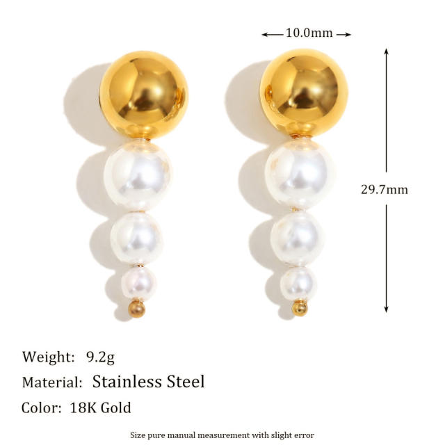 Hot sale gold color ball pearl bead stainless steel earrings