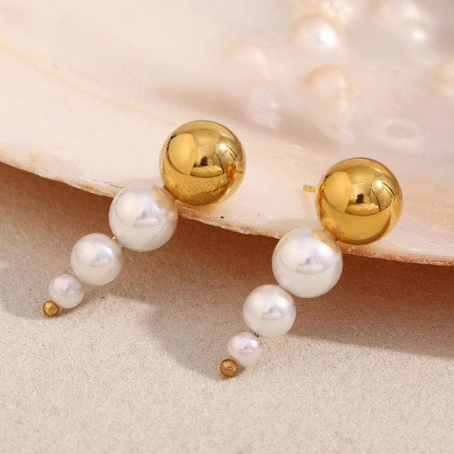 Hot sale gold color ball pearl bead stainless steel earrings