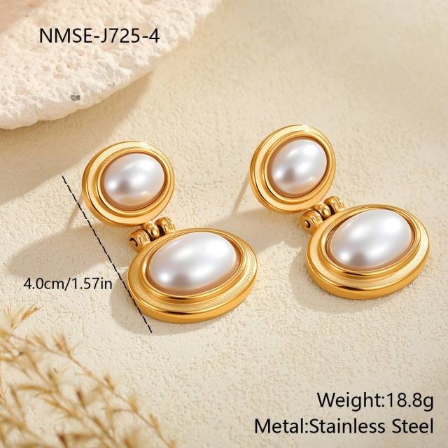 Elegant pearl inlaid flower fan shape stainless steel earrings