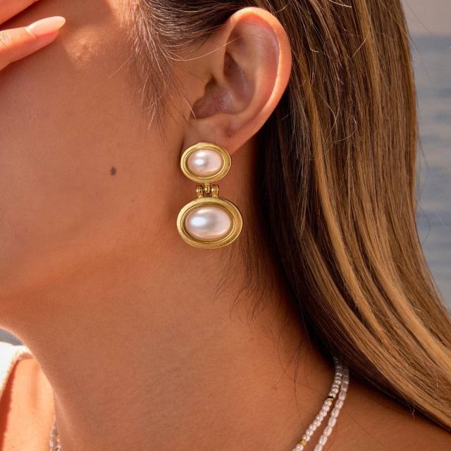 Elegant pearl inlaid flower fan shape stainless steel earrings