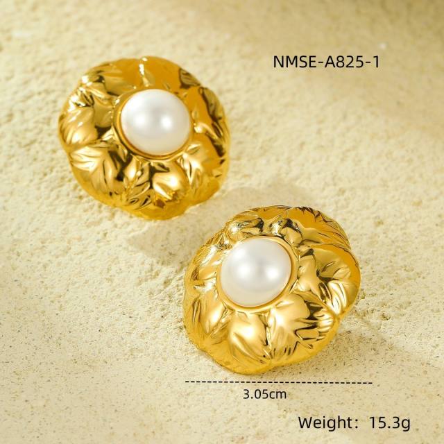 Elegant pearl inlaid flower fan shape stainless steel earrings