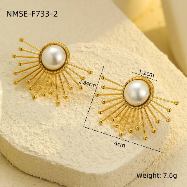 Elegant pearl inlaid flower fan shape stainless steel earrings