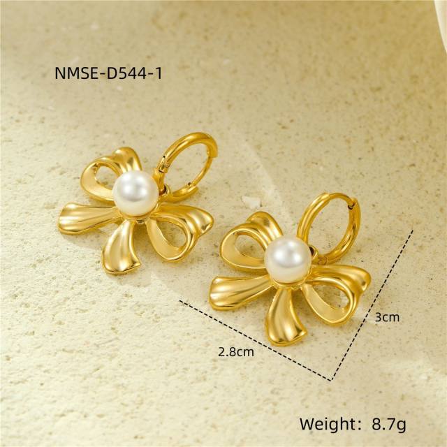 Elegant pearl inlaid flower fan shape stainless steel earrings