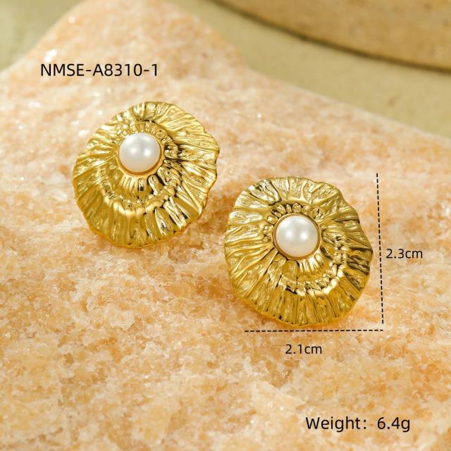 Elegant pearl inlaid flower fan shape stainless steel earrings