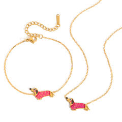 Sweet red enamel poppy stainless steel necklace bracelet set