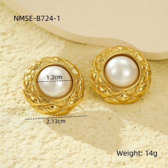 Elegant pearl inlaid flower fan shape stainless steel earrings