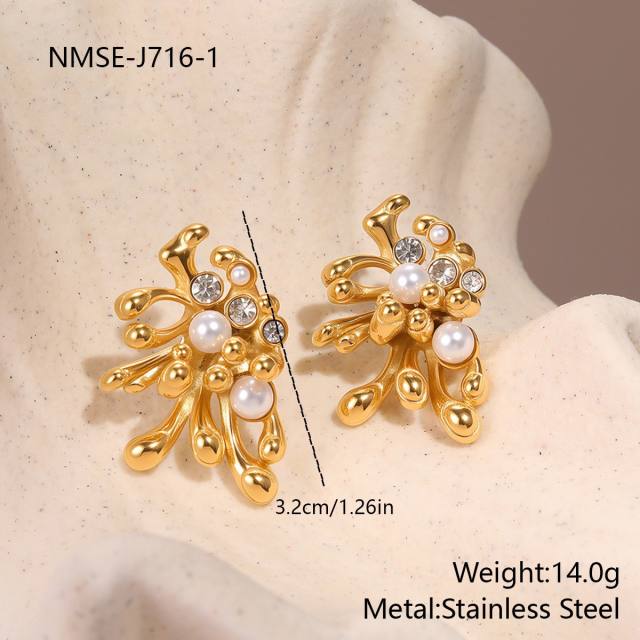 Elegant pearl inlaid flower fan shape stainless steel earrings