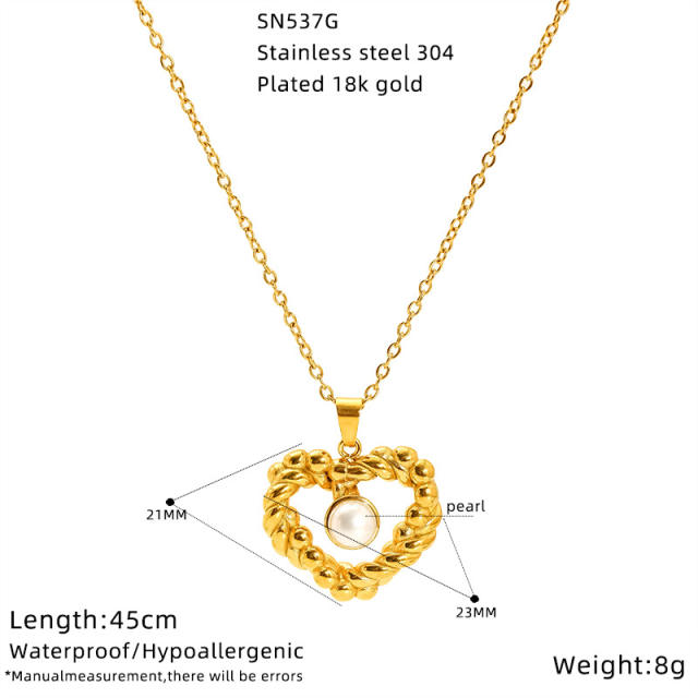 Elegant heart bow natural stone pearl inlaid stainless steel necklace dainty necklace