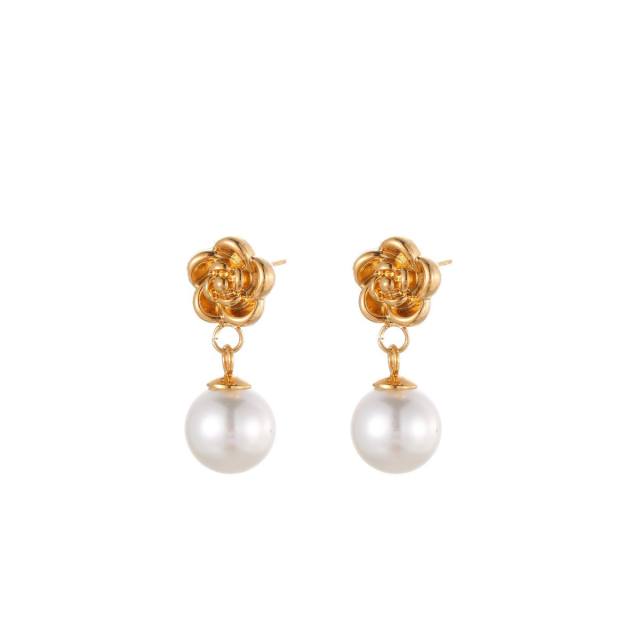 Elegant pearl inlaid flower fan shape stainless steel earrings
