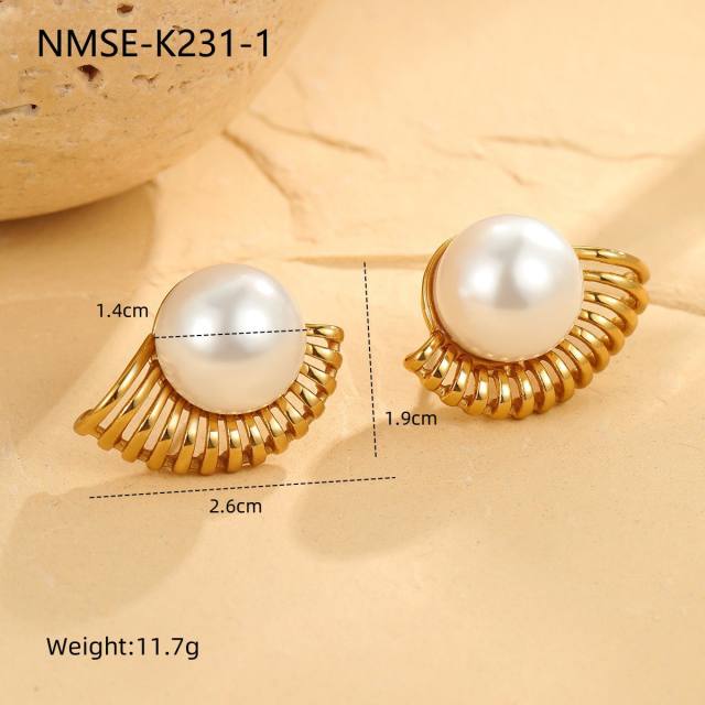 Elegant pearl inlaid flower fan shape stainless steel earrings