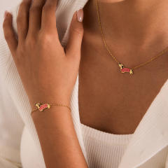 Sweet red enamel poppy stainless steel necklace bracelet set