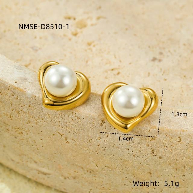 Elegant pearl inlaid flower fan shape stainless steel earrings