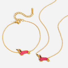 Sweet red enamel poppy stainless steel necklace bracelet set