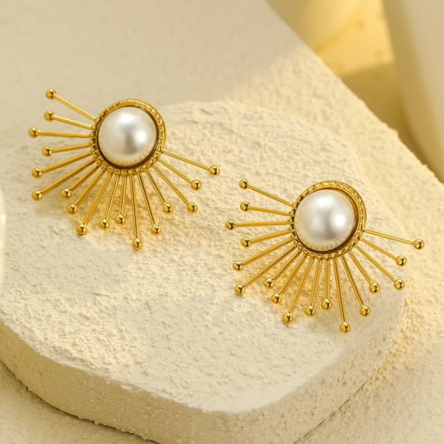 Elegant pearl inlaid flower fan shape stainless steel earrings