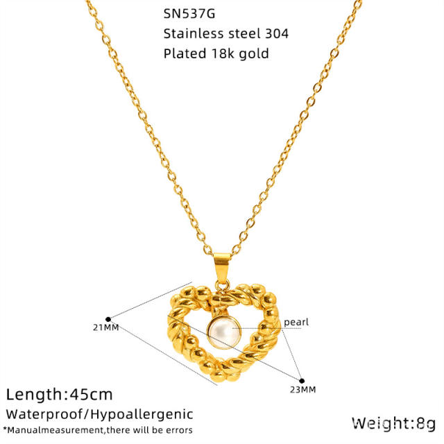 Elegant heart bow natural stone pearl inlaid stainless steel necklace dainty necklace