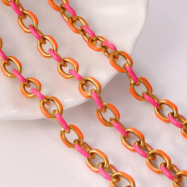 Sweet pink orange color enamel thick chain necklace stainless steel necklace DIY chain necklace