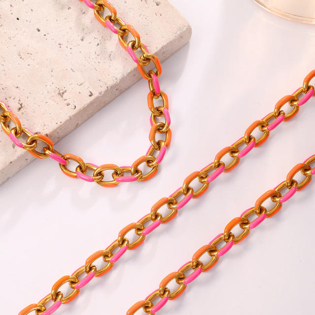 Sweet pink orange color enamel thick chain necklace stainless steel necklace DIY chain necklace