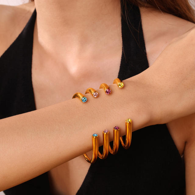 Multi-Color Gemstone Open Bracelet Minimalist Colorful Diamond stainless steel bangle bracelet