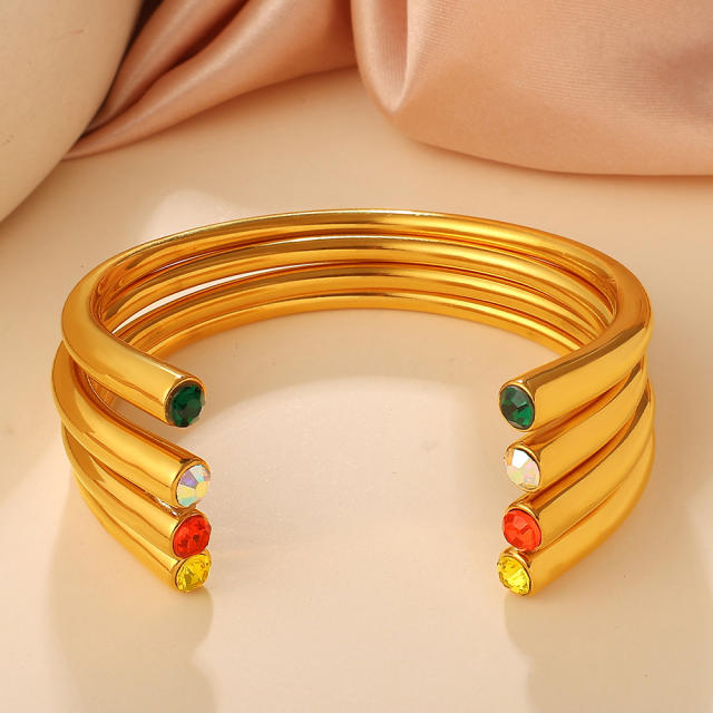 Multi-Color Gemstone Open Bracelet Minimalist Colorful Diamond stainless steel bangle bracelet