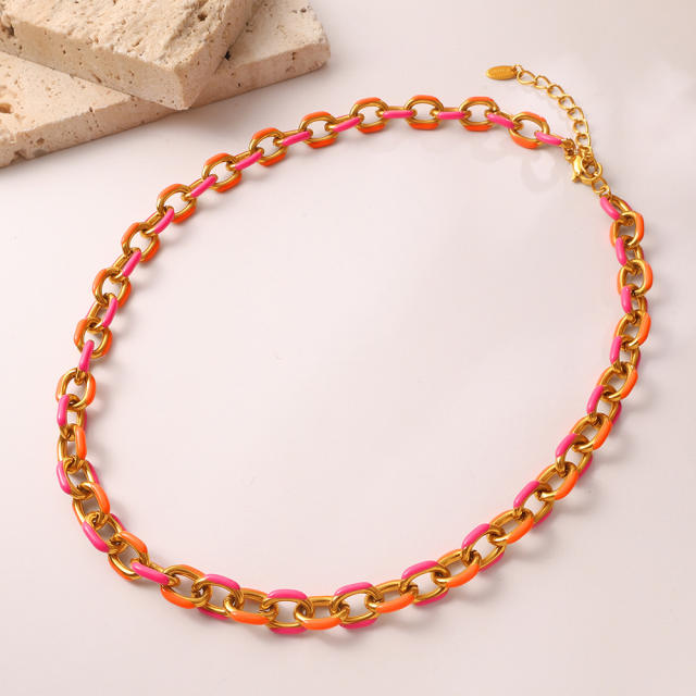 Sweet pink orange color enamel thick chain necklace stainless steel necklace DIY chain necklace