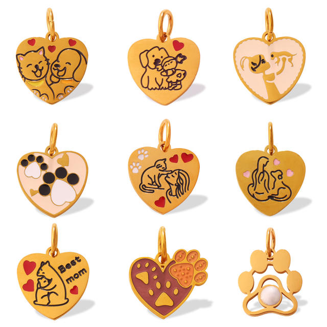 Cute pet heart-shaped dog paw print pendant stainless steel charm diy jewelry accessory