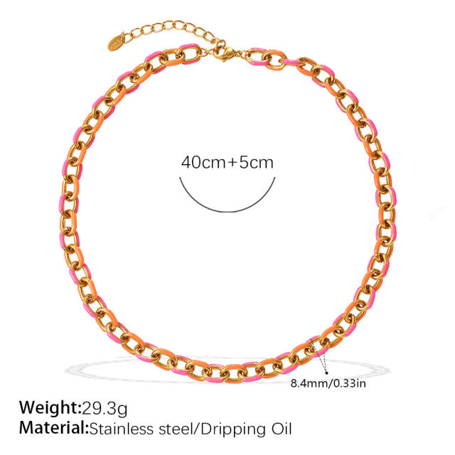 Sweet pink orange color enamel thick chain necklace stainless steel necklace DIY chain necklace
