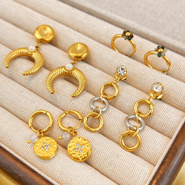 18KG unique mix color circle crescentmoon stainless steel earrings