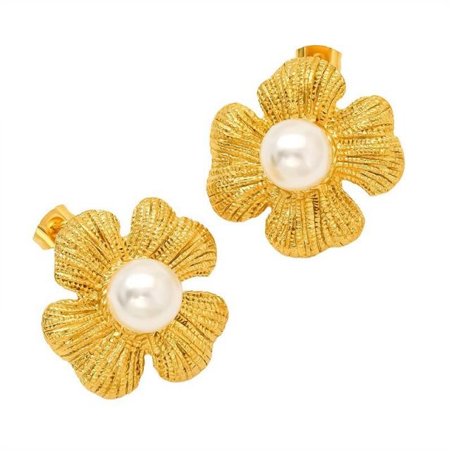 Stainless Steel Earrings 18K Gold Flower Inlaid Pearl Earrings for Women