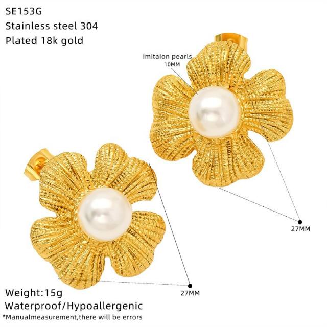 Stainless Steel Earrings 18K Gold Flower Inlaid Pearl Earrings for Women