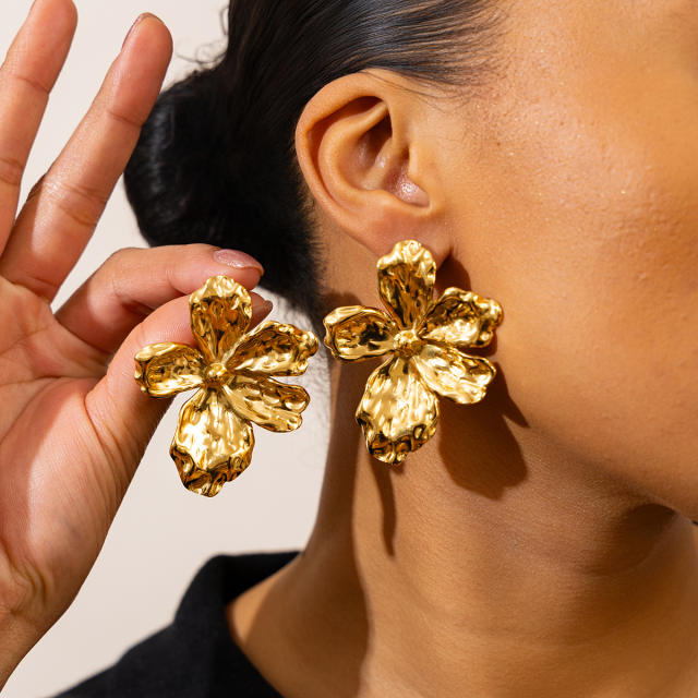 18KG gold petal flower oversize stainless steel earrings