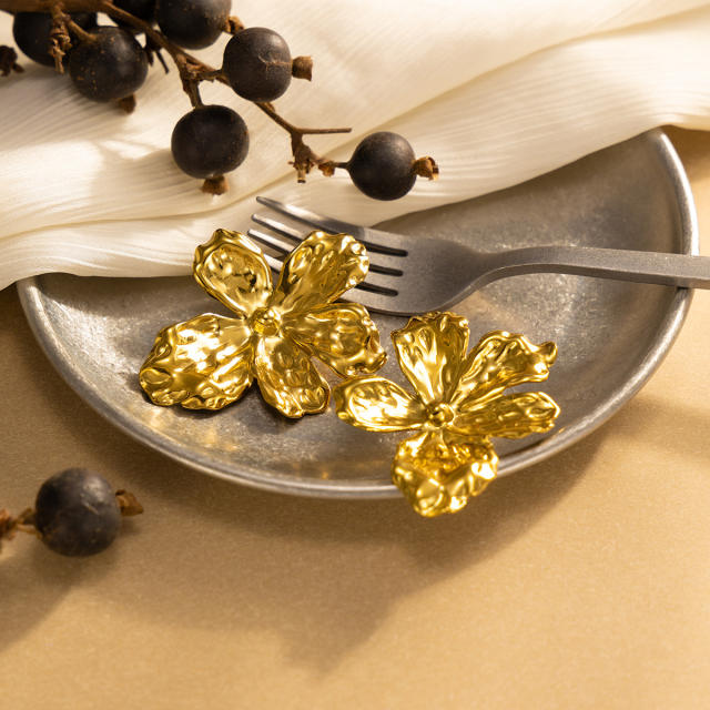 18KG gold petal flower oversize stainless steel earrings