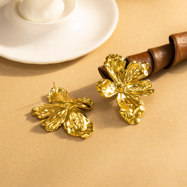 18KG gold petal flower oversize stainless steel earrings