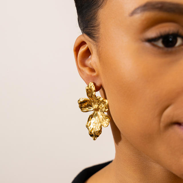 18KG gold petal flower oversize stainless steel earrings