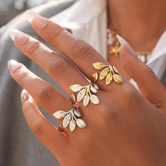 Natural leaf design stainless steel rings