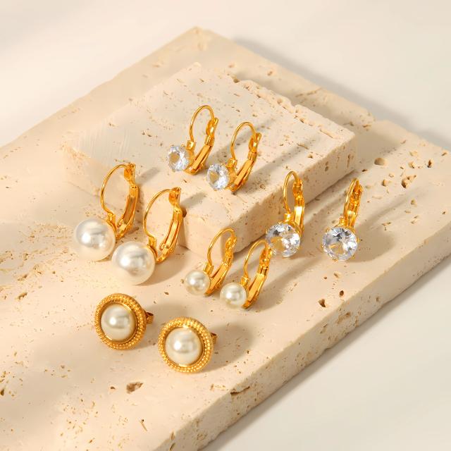French retro style buckle size pearl earrings stainless steel earrings