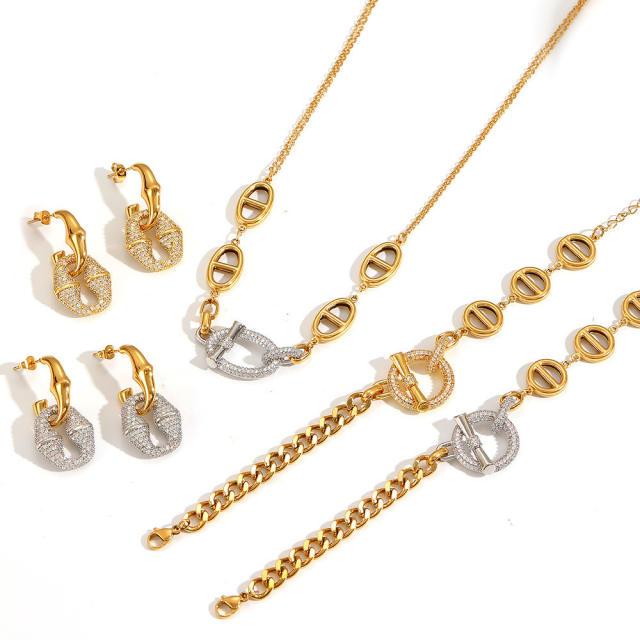 Full Diamond Zircon pig nose Stainless Steel Earrings Necklace Bracelet Jewelry Set