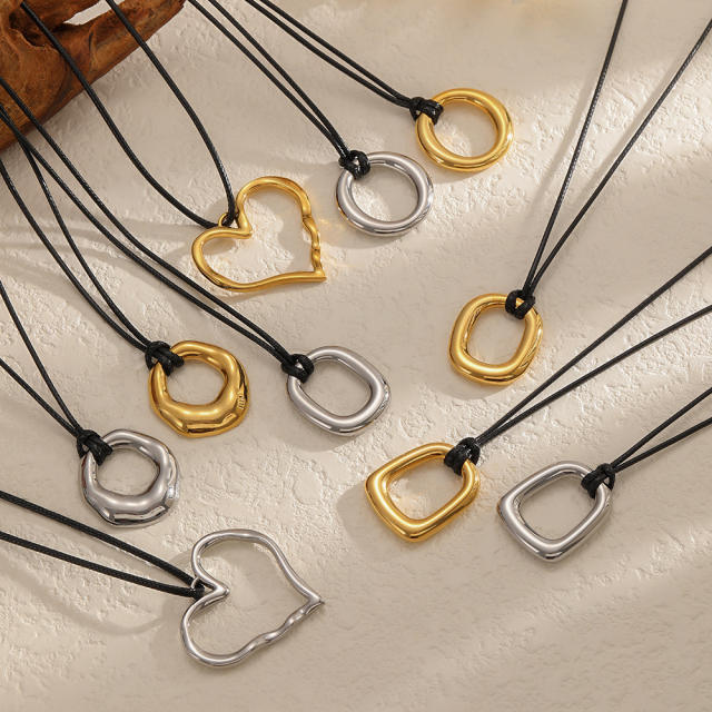 Personalized Retro Wax Rope Sweater Chain Stainless Steel Heart-Shaped O-Shaped Pendant long necklace