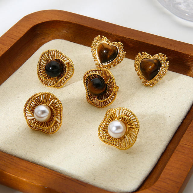 Tiger Eye Stone Imitation Pearl Inlaid Cut Out Special-Shaped Earrings stainless steel earrings