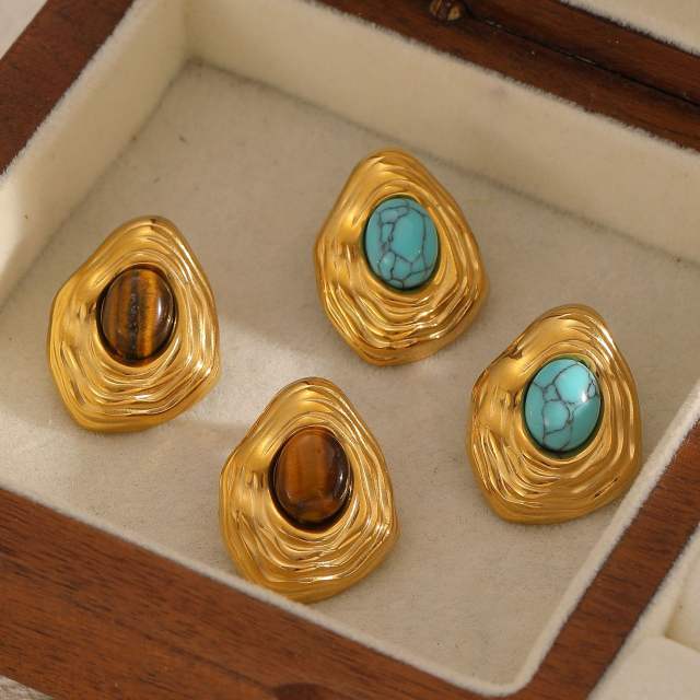 Retro Exaggerated Stainless Steel Earrings Natural Stone Titanium Steel Earrings