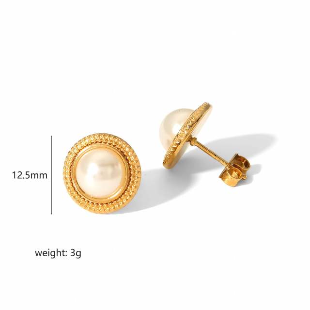 French retro style buckle size pearl earrings stainless steel earrings