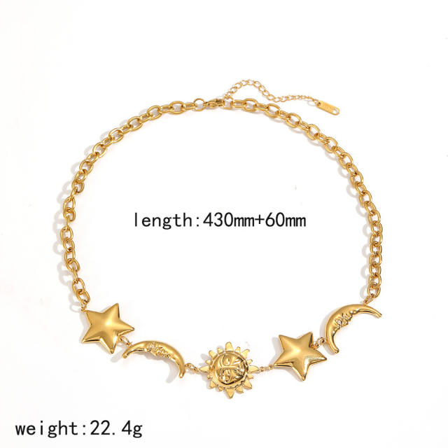 Star Moon Sun Stainless Steel Necklace Bracelet Jewelry Set