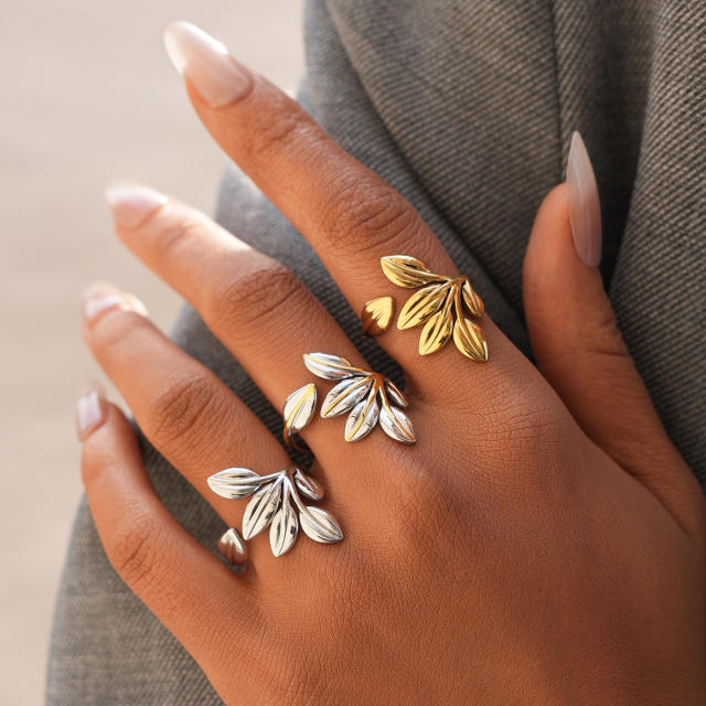 Natural leaf design stainless steel rings