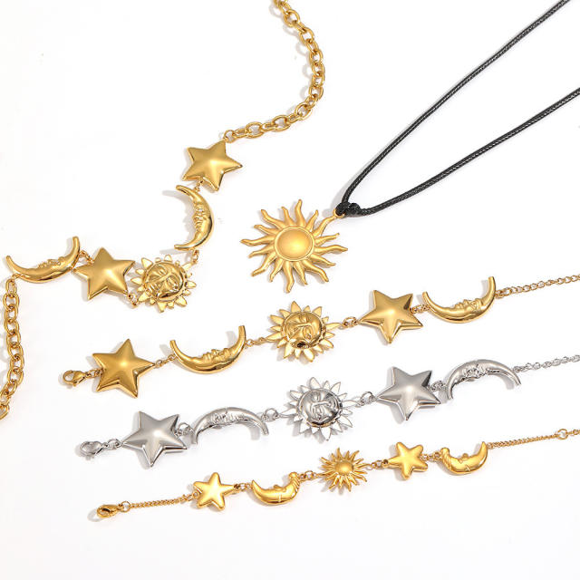 Star Moon Sun Stainless Steel Necklace Bracelet Jewelry Set