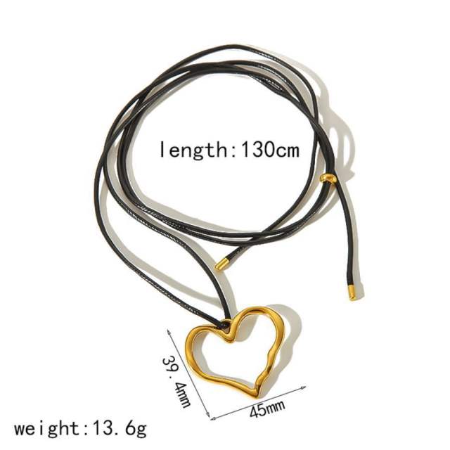 Personalized Retro Wax Rope Sweater Chain Stainless Steel Heart-Shaped O-Shaped Pendant long necklace