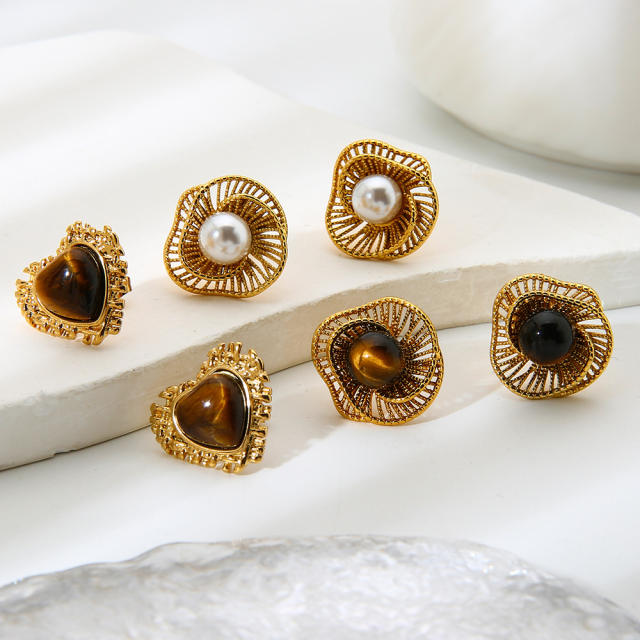 Tiger Eye Stone Imitation Pearl Inlaid Cut Out Special-Shaped Earrings stainless steel earrings