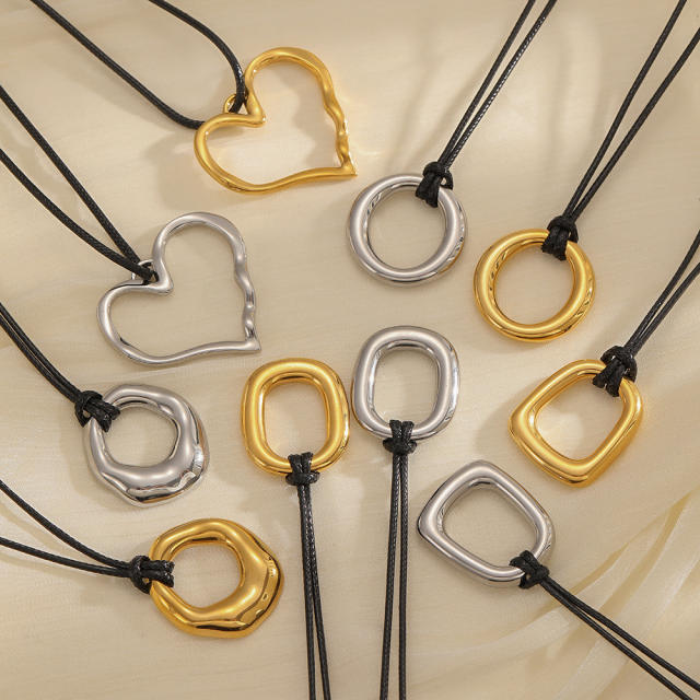 Personalized Retro Wax Rope Sweater Chain Stainless Steel Heart-Shaped O-Shaped Pendant long necklace