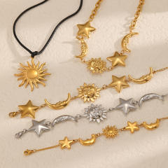 Star Moon Sun Stainless Steel Necklace Bracelet Jewelry Set