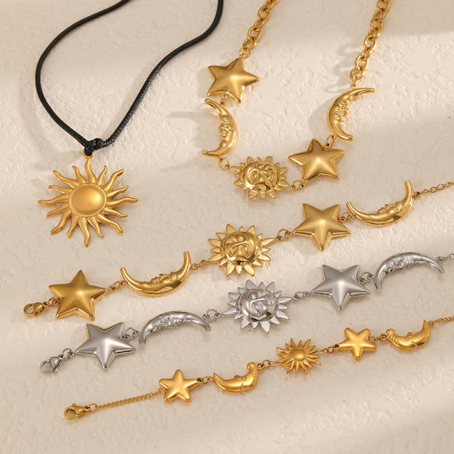 Star Moon Sun Stainless Steel Necklace Bracelet Jewelry Set