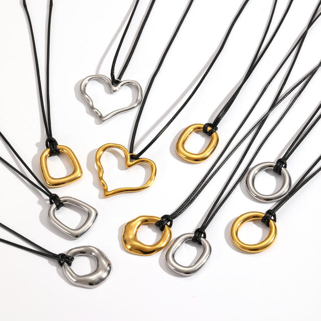 Personalized Retro Wax Rope Sweater Chain Stainless Steel Heart-Shaped O-Shaped Pendant long necklace
