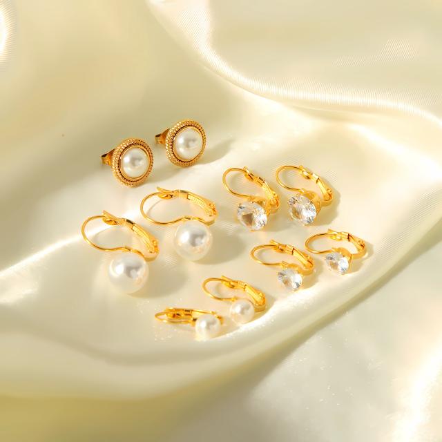 French retro style buckle size pearl earrings stainless steel earrings